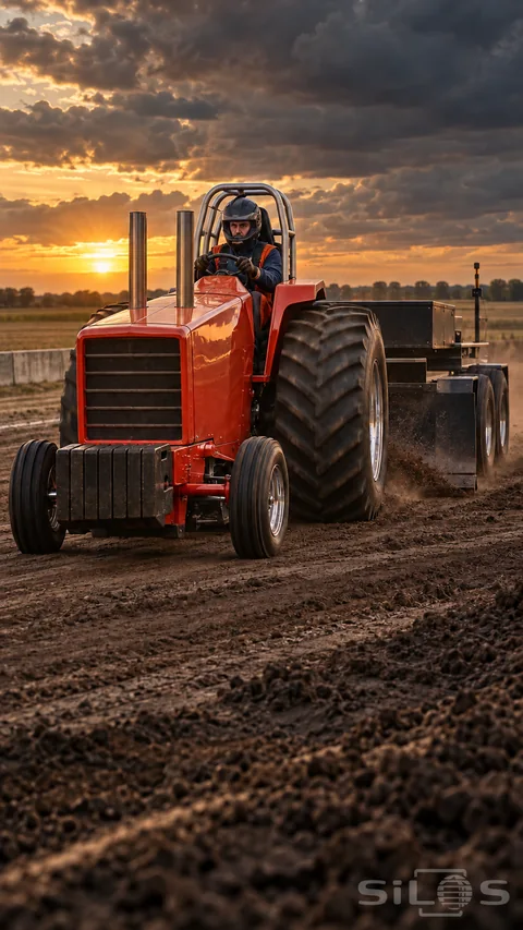 A red pulling tractor with huge rear tires draws a dark weight sled along a dirt track at sunset.
