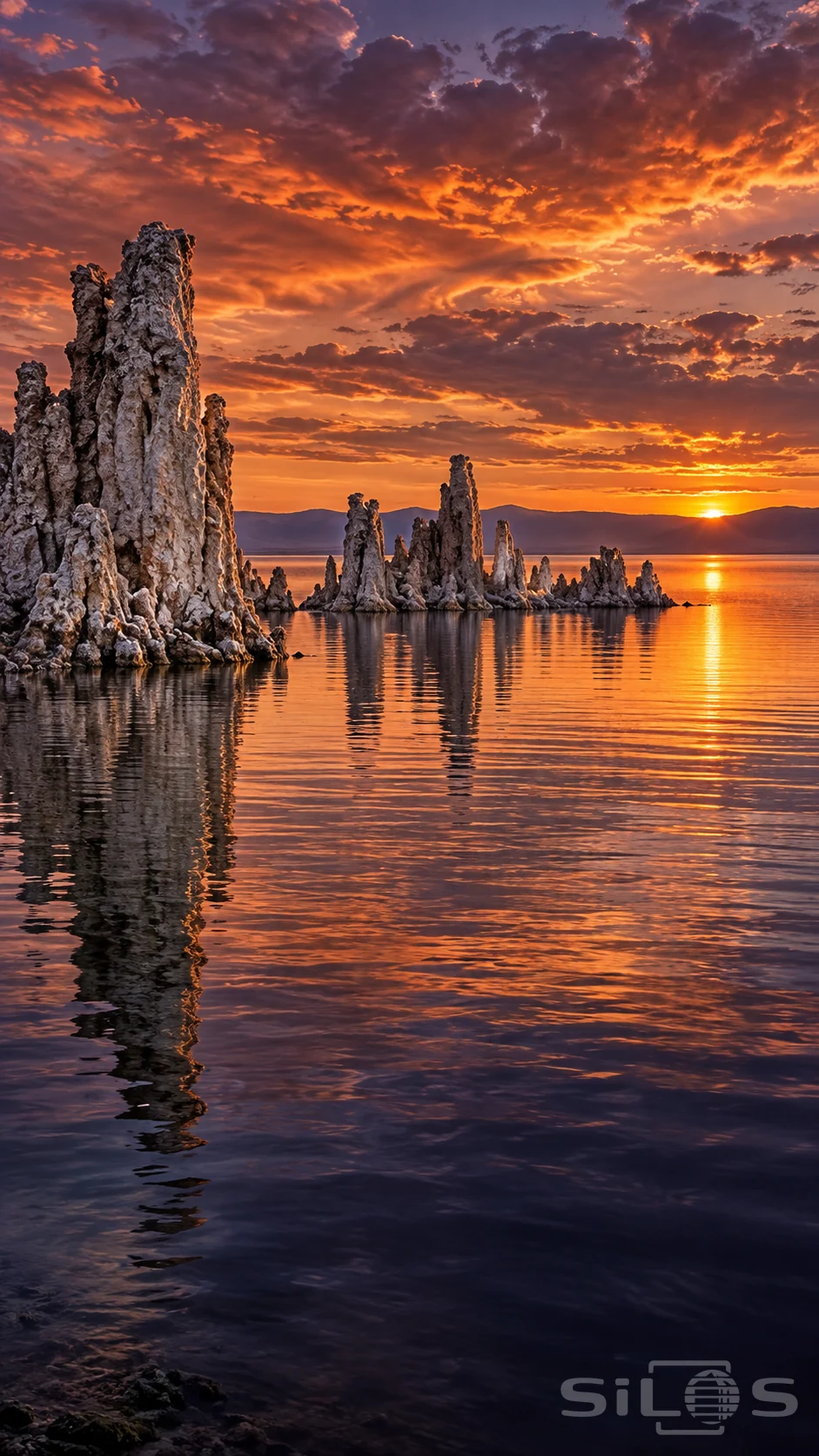 Rough pale tufa towers stand in calm lake water, with copper clouds and violet reflections stretching toward a distant ridge.