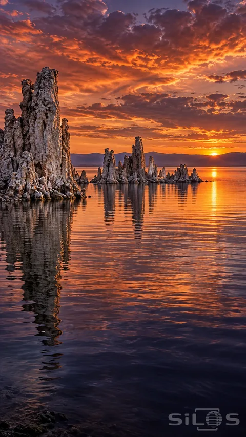 Rough pale tufa towers stand in calm lake water; with copper clouds and violet reflections stretching toward a distant ridge.