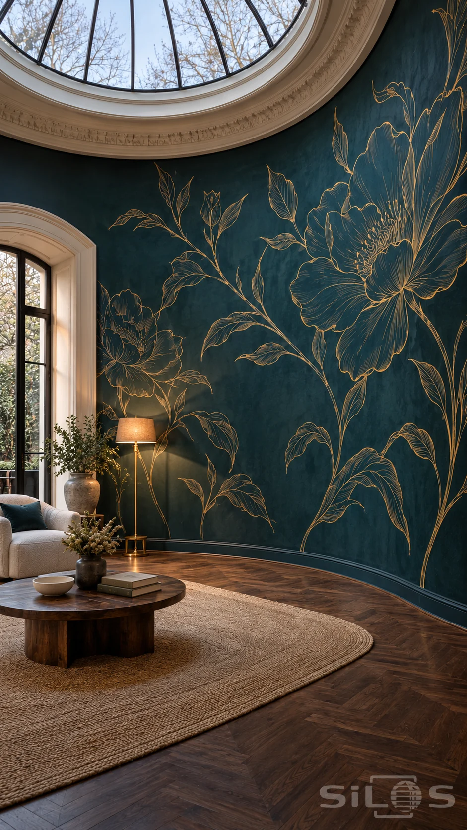 Unoccupied salon with a huge gold floral mural on curved teal walls, oval skylight, cream sofa and round walnut table.