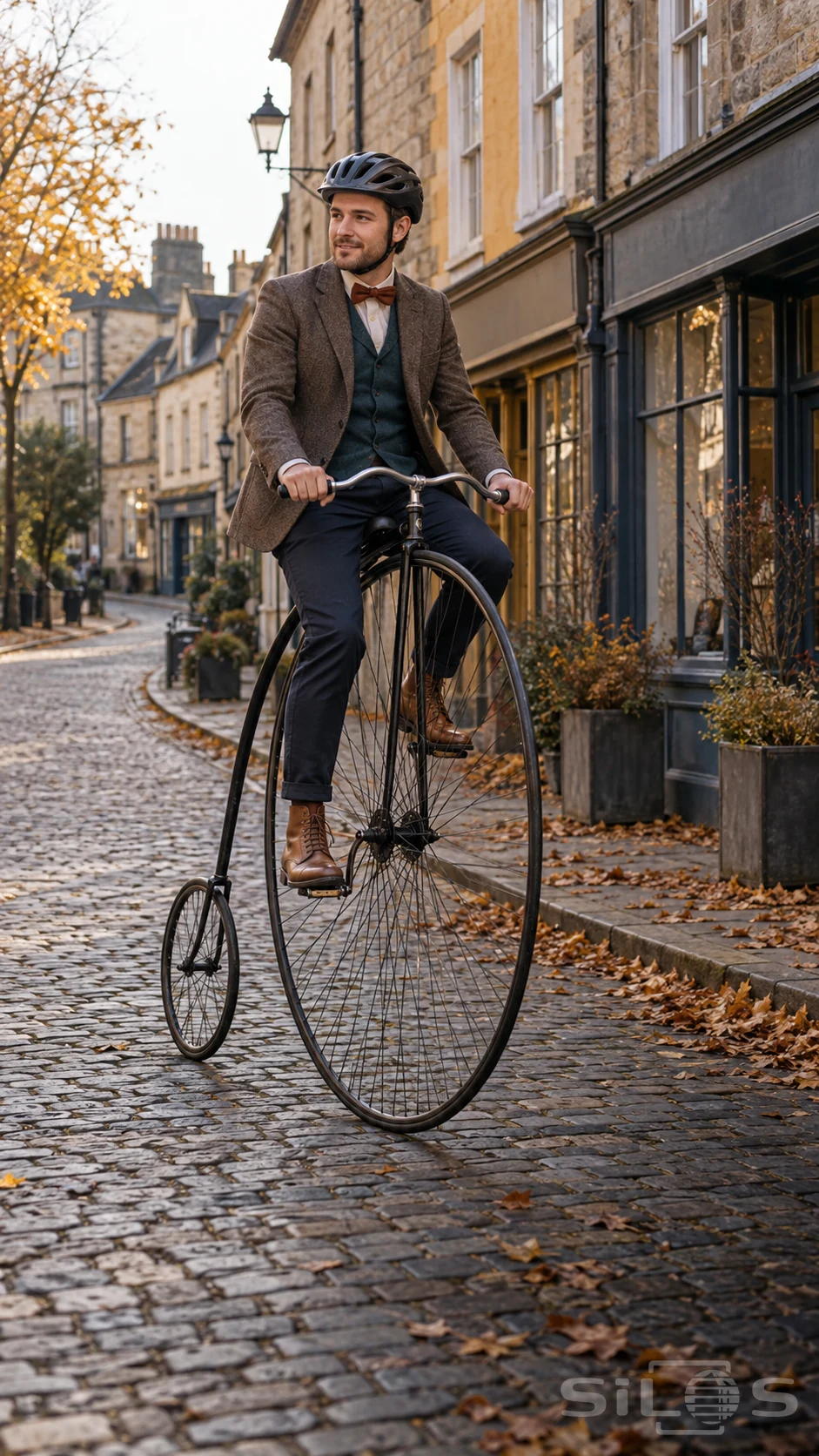 Penny farthing ride with a helmeted man in a tweed blazer and teal waistcoat above a large spoked wheel on an autumn lane.