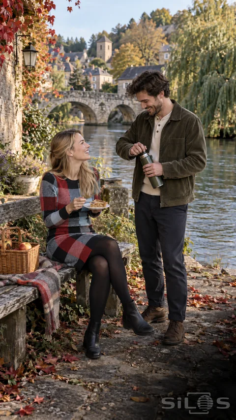 A woman in a checked dress holds apple tart while her partner opens a flask beside a river and an arched stone bridge.