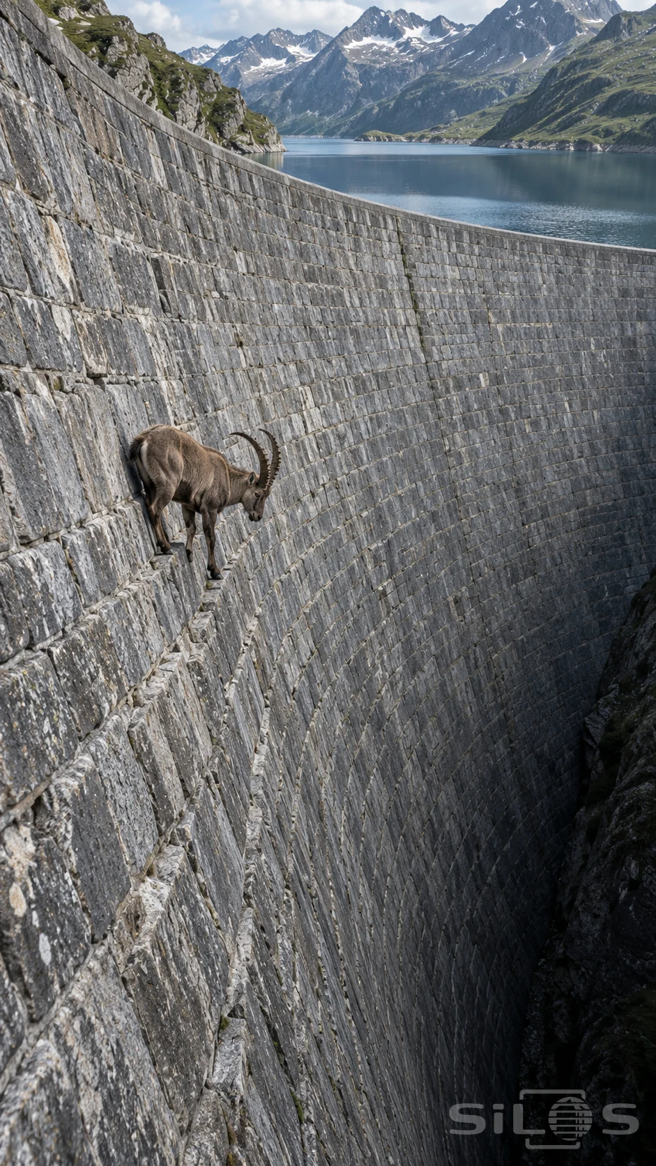A brown ibex with curved horns crosses a steep gray stone dam, with its hooves resting on narrow masonry ledges.