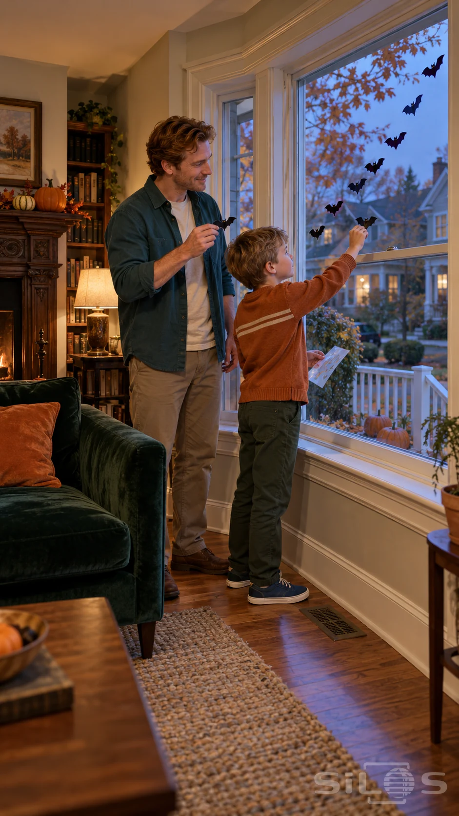 A father watches his son place window bats among Halloween clings on a bay window beside a warm lamp and green sofa.