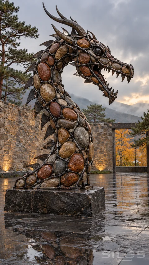 A tall dragon head and curved neck made of river stones held in steel stands on a wet courtyard plinth.