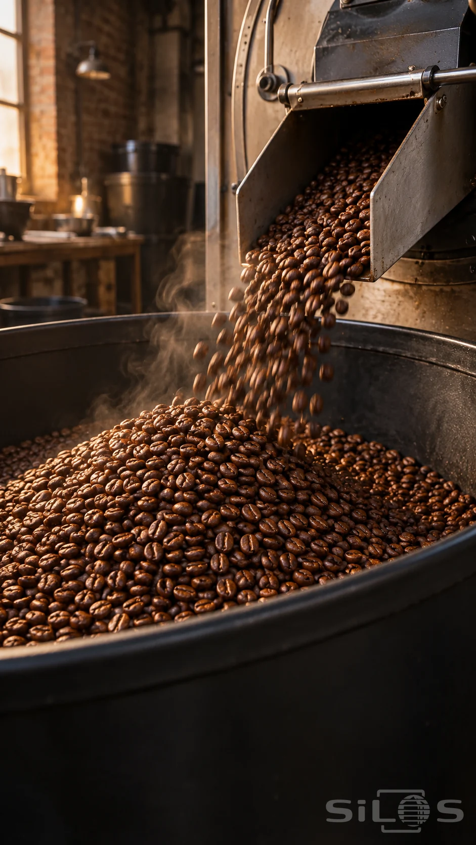 Roasted coffee beans pour from a steel chute into a deep black receiving tub inside a roasting workshop.