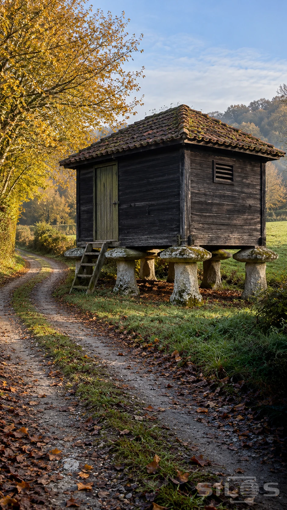 A dark timber raised granary stands on pale mushroom-shaped stone supports, with a russet roof beside a grassy lane.