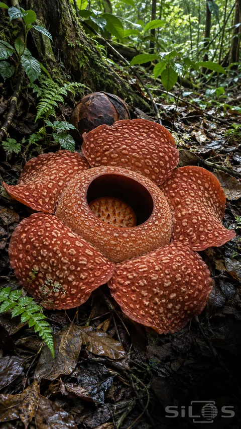 A rafflesia with five spotted red lobes and a raised central rim rests among wet leaves; with a closed brown bud and small ferns behind.