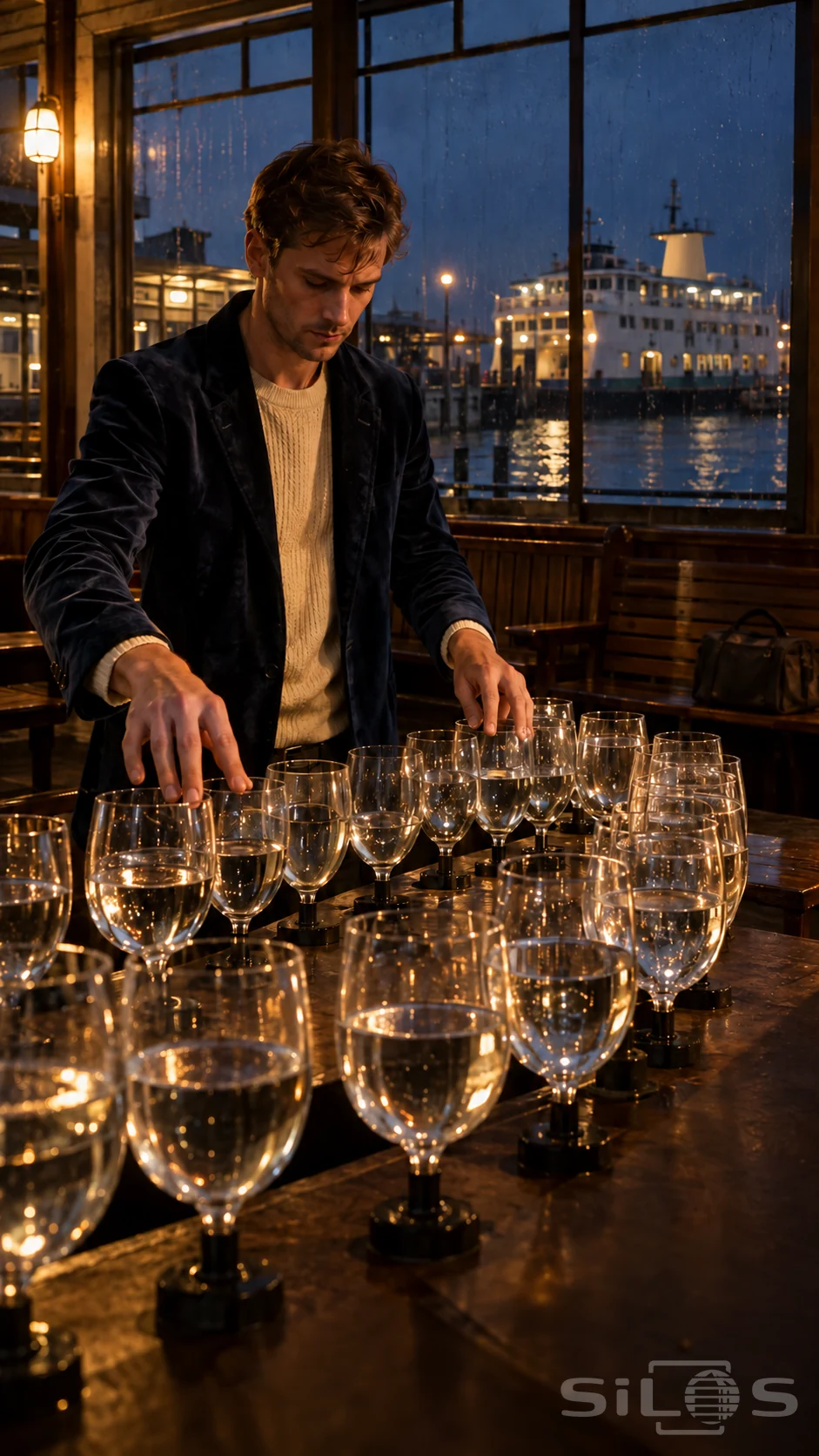 A glass harp performance with an adult musician touching the rims of water-filled glasses in curved rows before rain-streaked ferry-room windows.