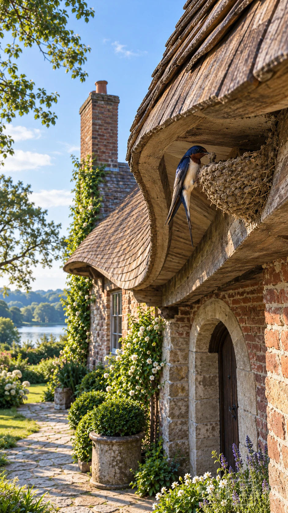 A swallow places a mud pellet on its mud nest beneath a curving eave above a brick cottage doorway and flowering garden.