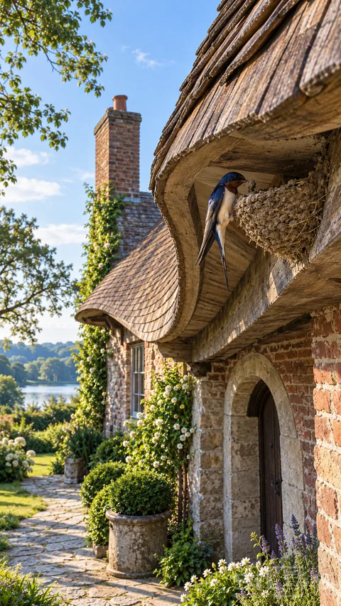 A swallow places a mud pellet on its mud nest beneath a curving eave above a brick cottage doorway and flowering garden.