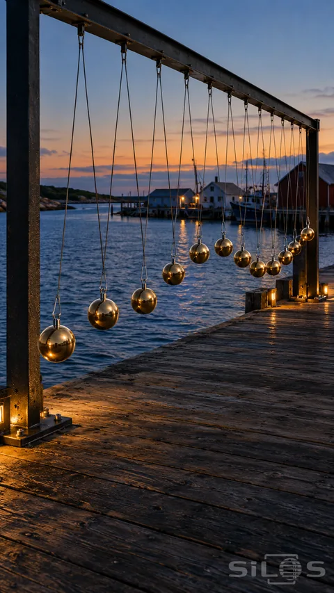 A pendulum wave of polished brass spheres hanging from visible paired cords beneath a steel beam on a harbor platform at dusk.