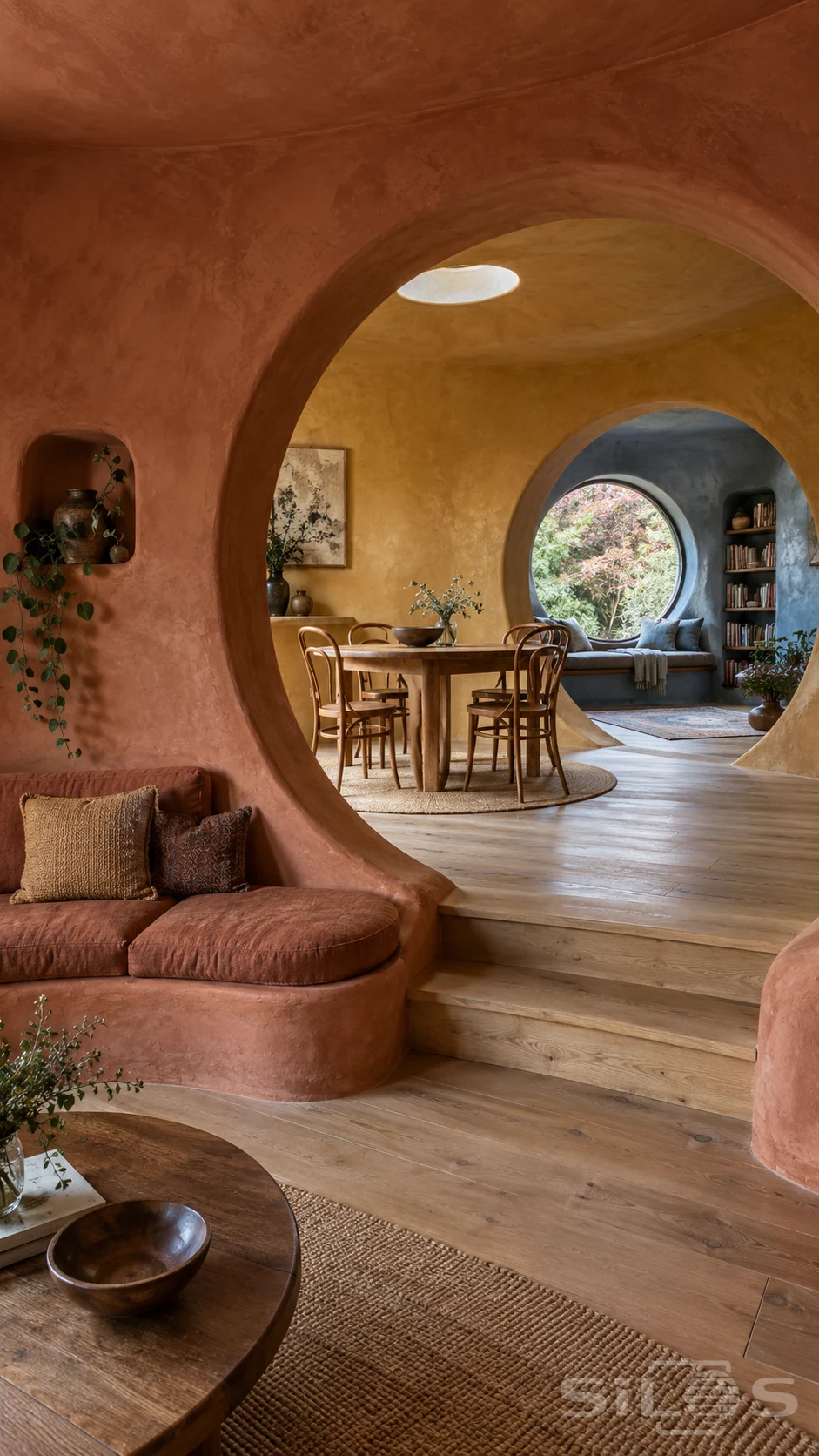 Thick circular openings connect a terracotta sitting room, raised ochre dining room and blue reading nook with a round garden window.