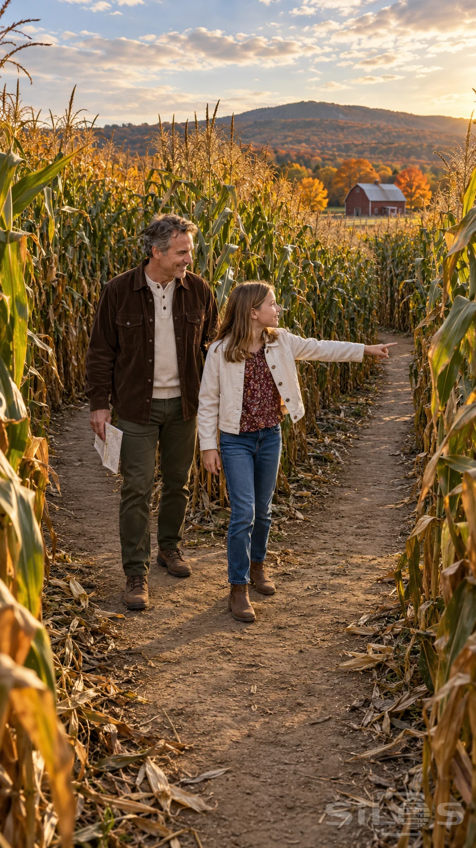 A father smiles as his daughter points around a corn maze fork beneath golden autumn hills and a distant red barn.