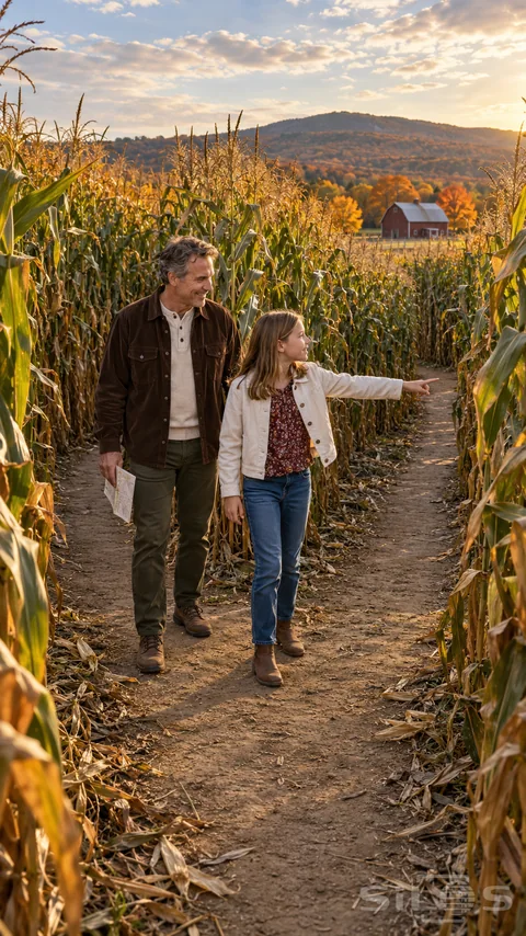 A father smiles as his daughter points around a corn maze fork beneath golden autumn hills and a distant red barn.