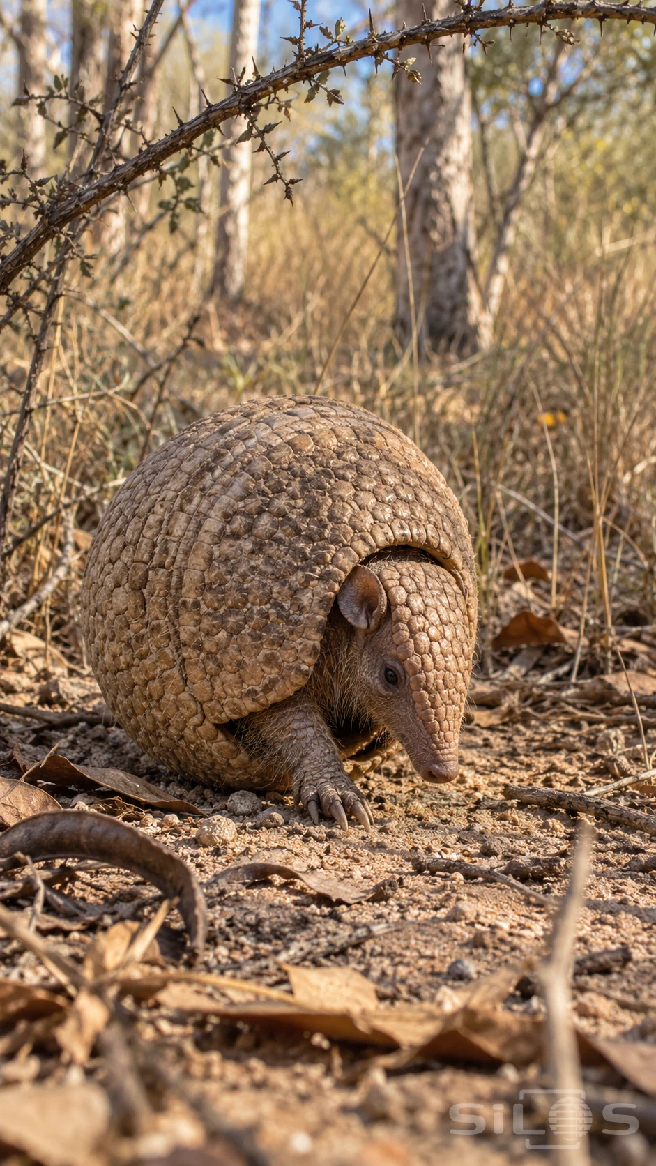 A three-banded armadillo begins to uncurl on sandy woodland ground, with its small snout and one forefoot emerging beneath rounded tan armour.