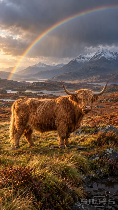 A copper-brown Highland cow stands on wet open moorland beneath a rainbow with snowy mountains in the distance.