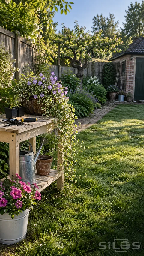 A wooden potting bench with trailing plants and lilac flowers stands beside pink petunias in a sunlit back garden.