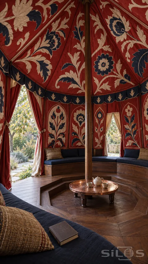 Scarlet appliqué roof and walls surround indigo benches; a sunken copper tea table and two open entrances to a pear garden.