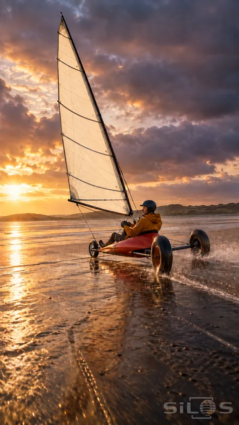 A scarlet land yacht with an ivory sail and helmeted pilot rolls through shallow water on wet sand at sunset.