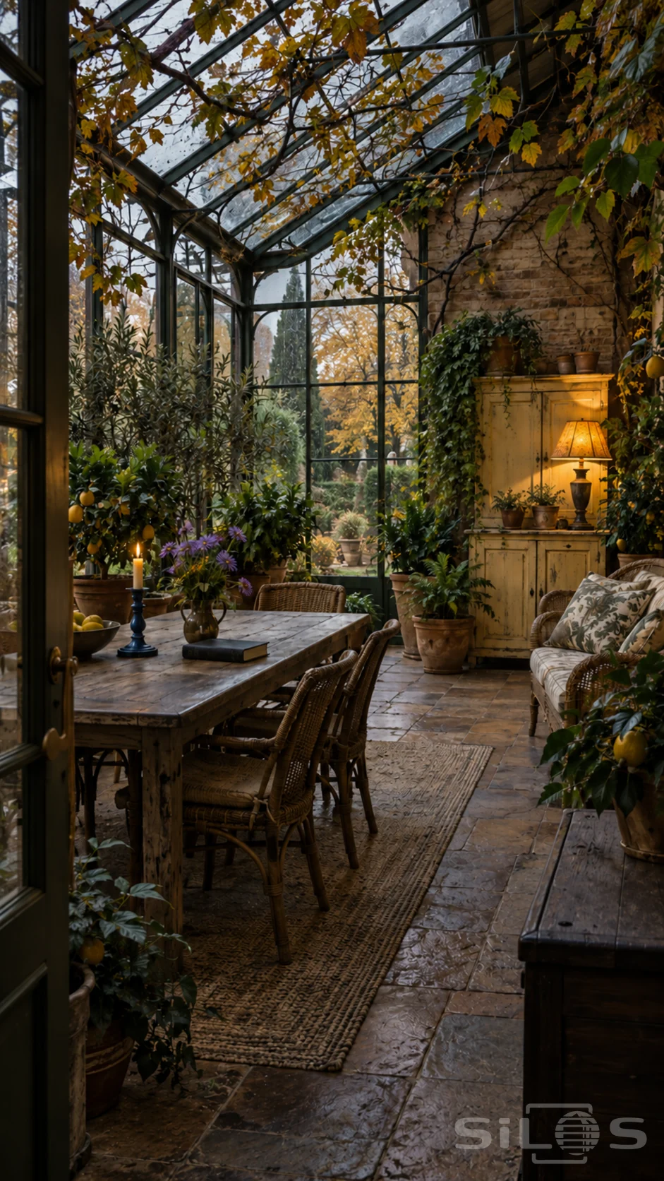 A leafy autumn orangery with a glass roof, citrus plants, wicker chairs, a wooden reading table and a lamp on a yellow cupboard.