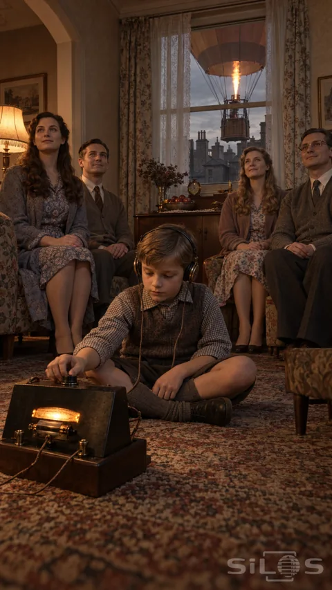 A boy with headphones tunes a small glowing radio on a rug as four adults sit behind him and a hot-air balloon fills the window.