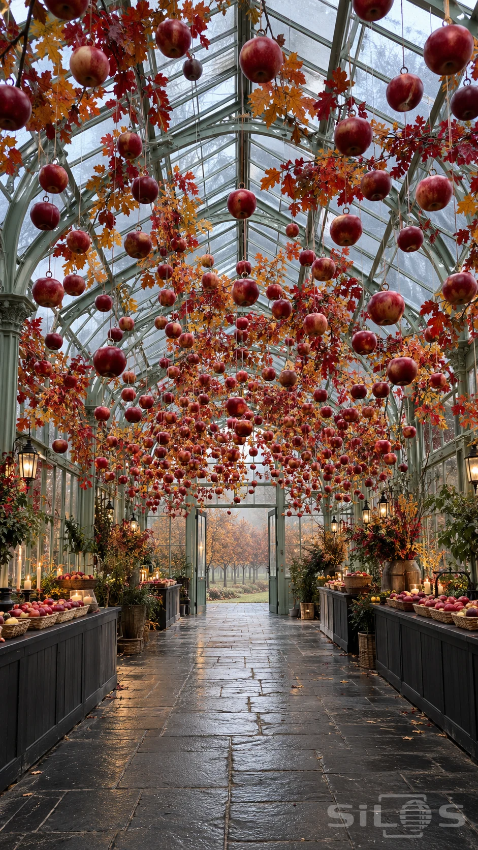 Suspended red apples and autumn leaves fill a pale green glasshouse above a dark stone walkway and wicker fruit baskets.