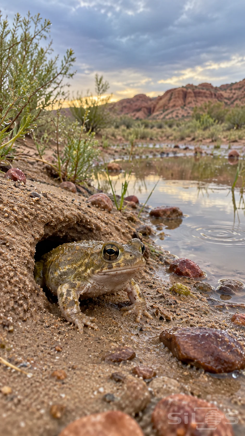 A spadefoot toad emerges from a sandy burrow beside wet reddish stones after desert rain.