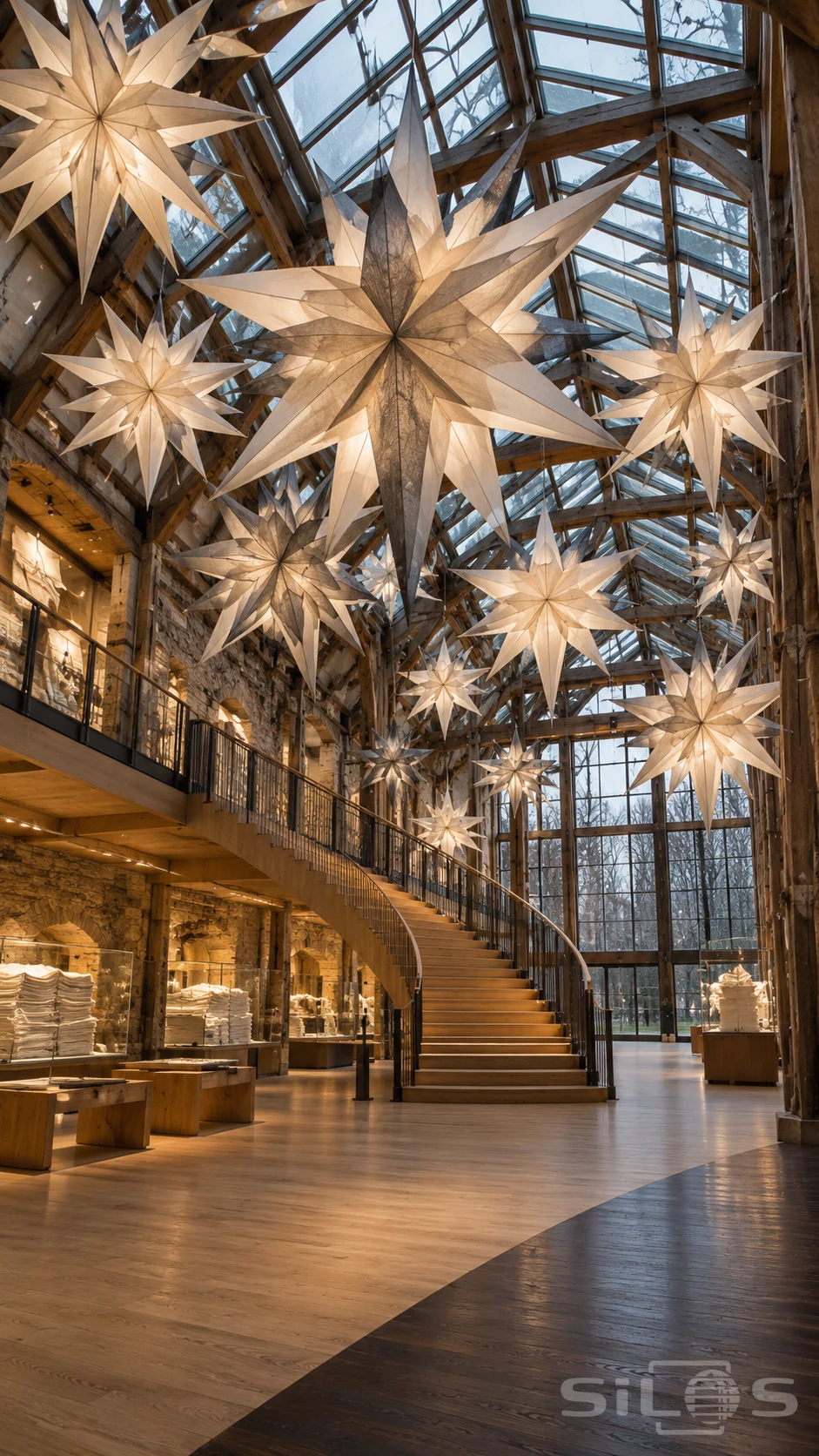 Large translucent folded-paper stars hang above a curved wooden staircase in a tall glazed exhibition hall.