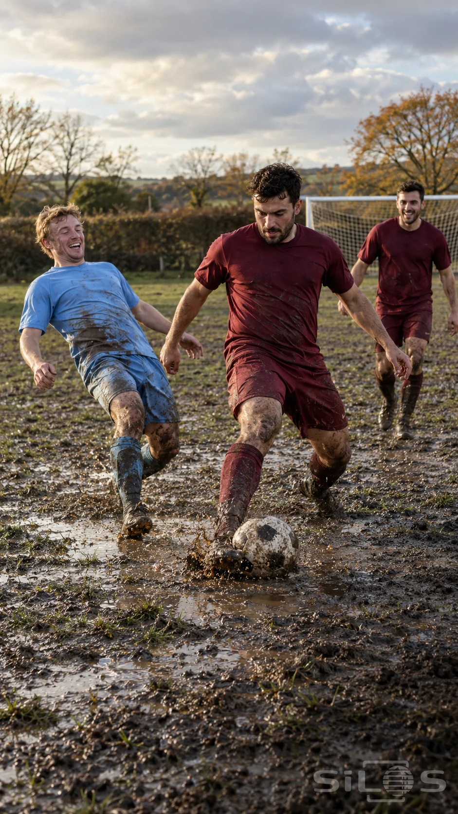 Muddy football match with three players in burgundy and blue kits challenging for a ball on a wet autumn field.