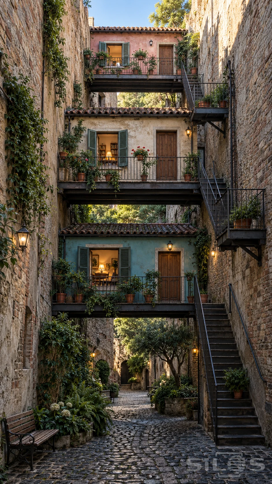 Three tiled-roof cottages span a narrow stone courtyard at different heights, connected by iron stairs above a planted cobbled path.