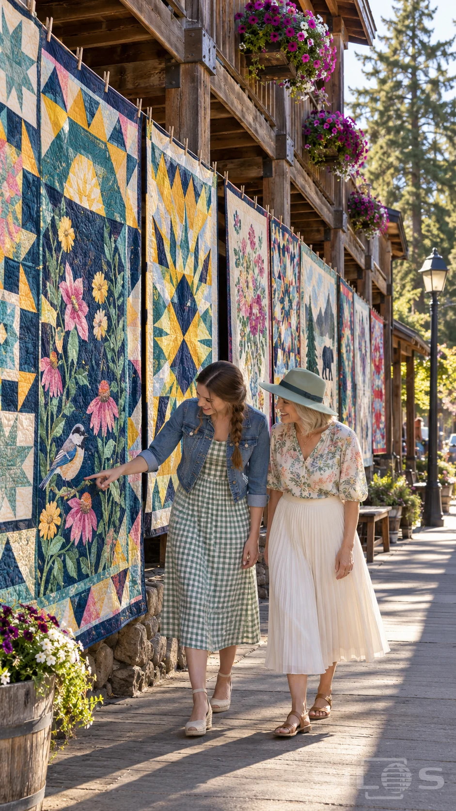 Outdoor quilt display lines a timber street where two women point toward a stitched bird on a patterned quilt.
