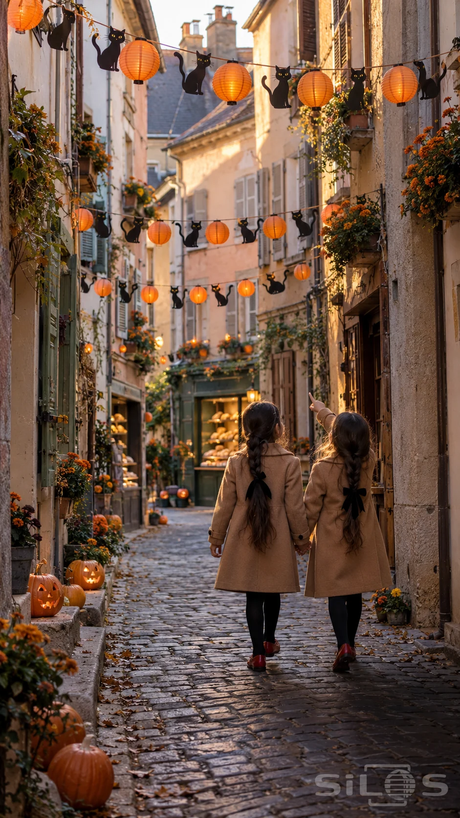Two girls in camel coats and red shoes hold hands beneath black cat garlands and orange lanterns on a cobbled lane.