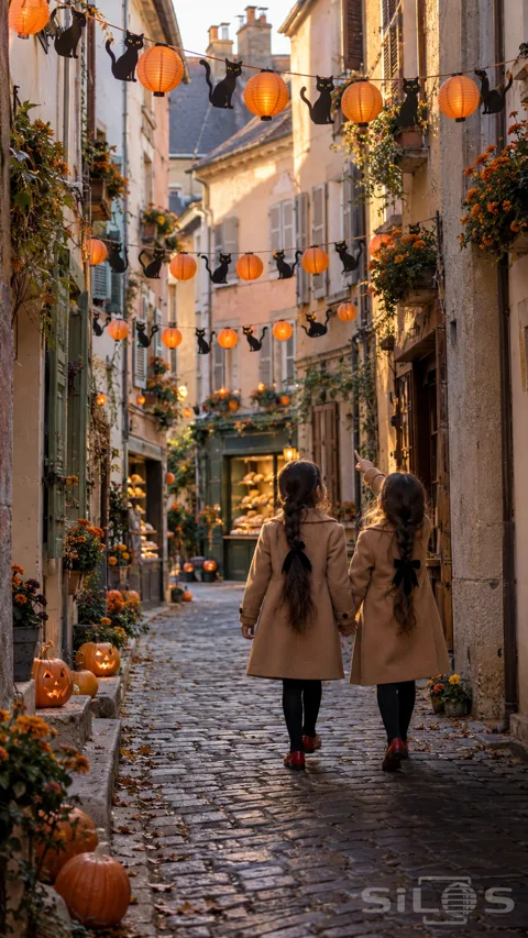 Two girls in camel coats and red shoes hold hands beneath black cat garlands and orange lanterns on a cobbled lane.