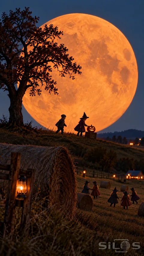 Small costumed children play beside hay bales and a pumpkin lantern beneath a huge orange harvest moon and dark oak.