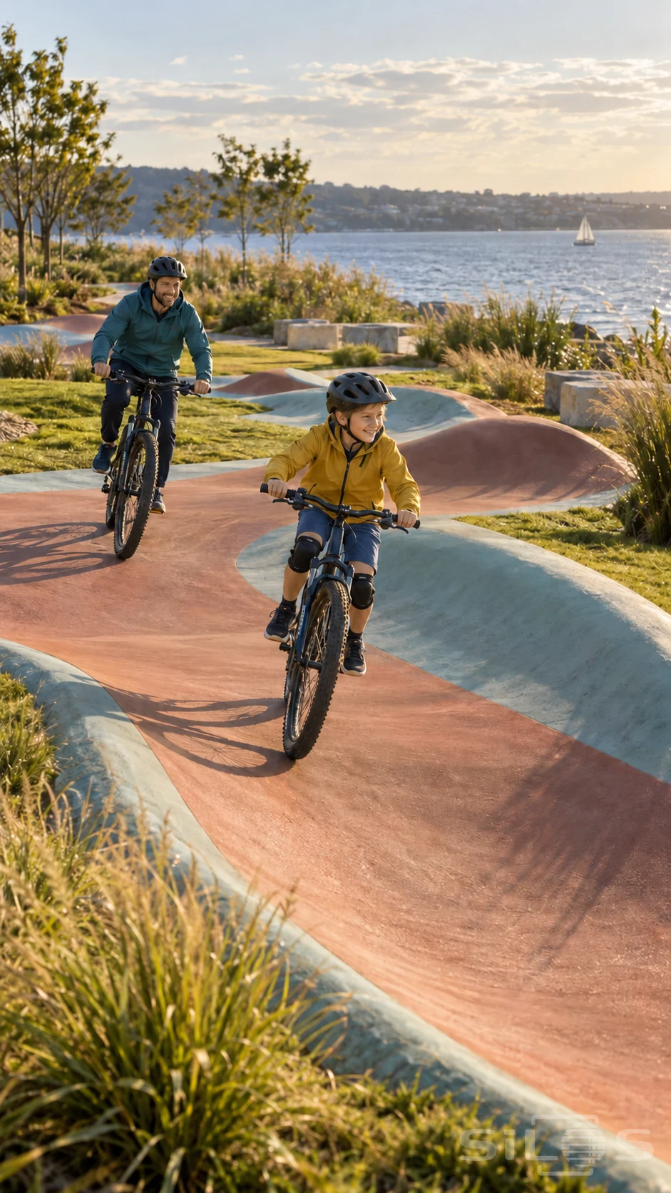 A father follows his smiling son on bicycles around a terracotta and blue rolling pumptrack beside sunlit water.
