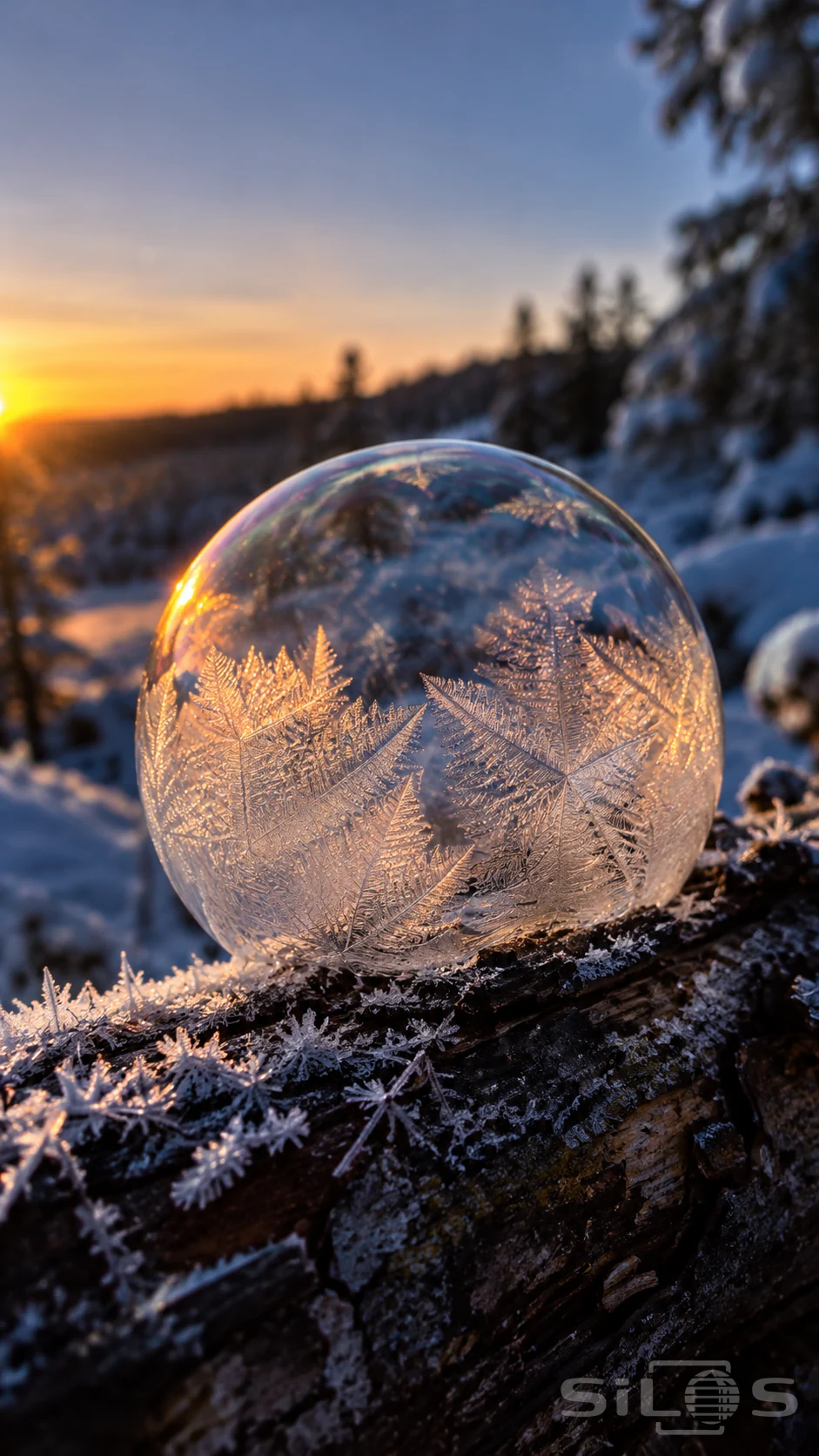 A frozen soap bubble covered in delicate ice feathers rests on frosty bark against a blue and gold winter landscape.