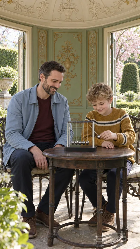 A boy draws back one ball of a Newton’s cradle while his father watches inside an ornate garden pavilion open to spring blossom.