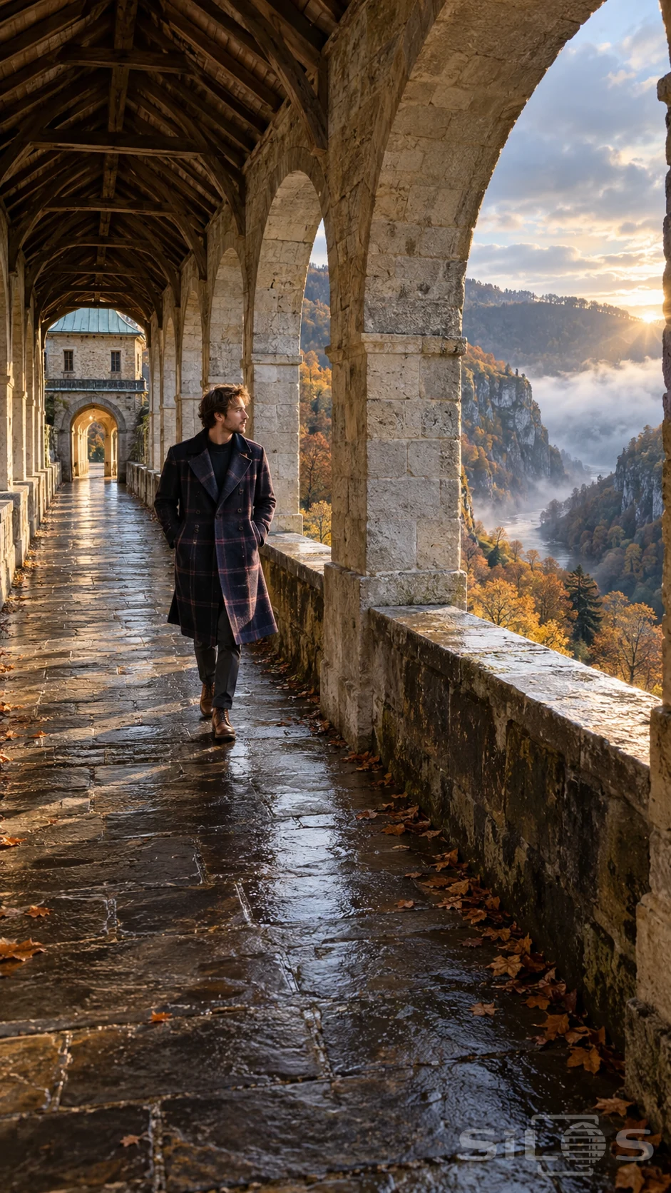 A man in a dark checked wool coat walks through a covered stone arcade overlooking a misty valley of autumn trees.