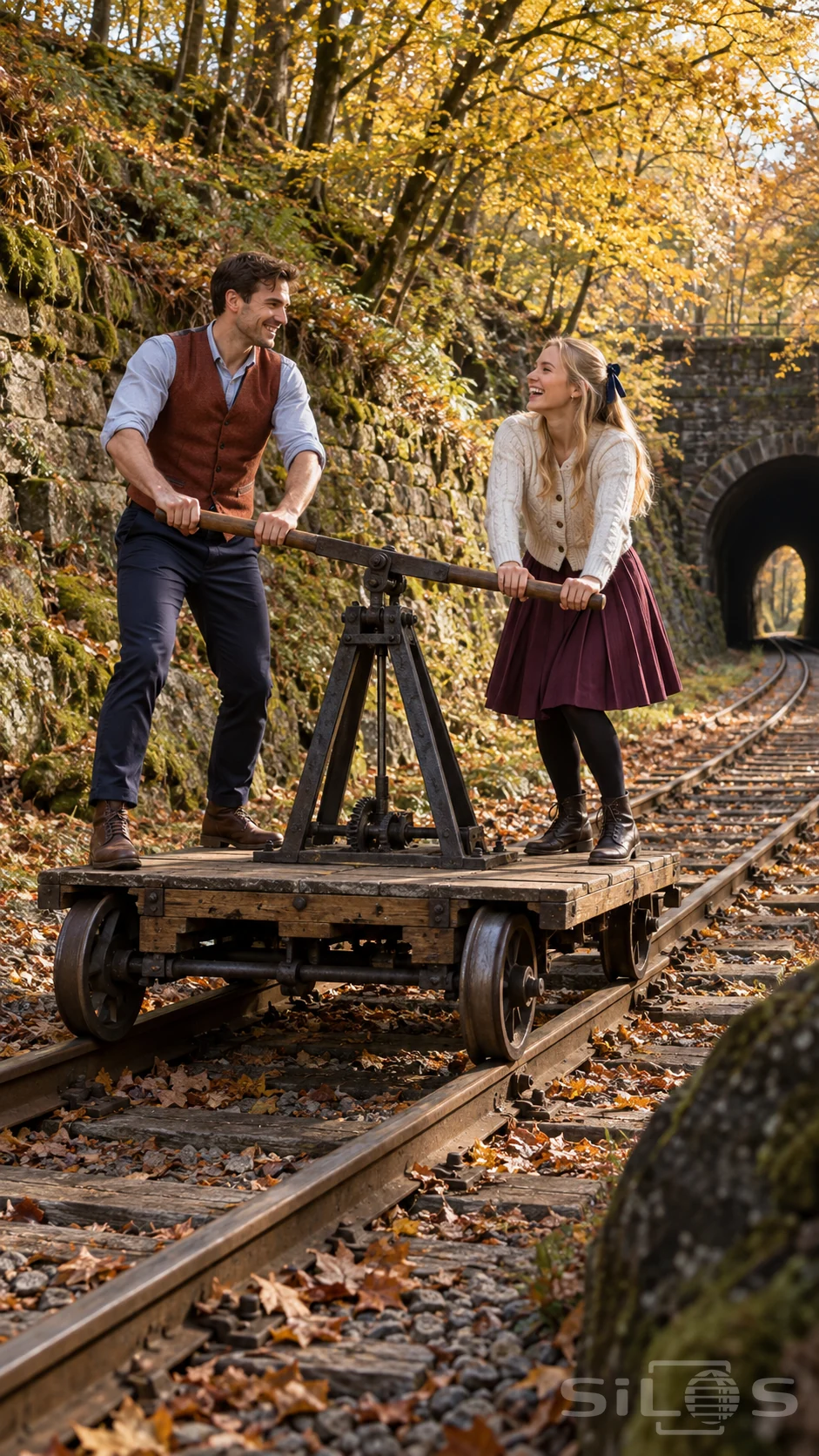 Railway handcar with two adults gripping a wooden pumping lever on a leaf-covered track beside a stone tunnel in autumn.