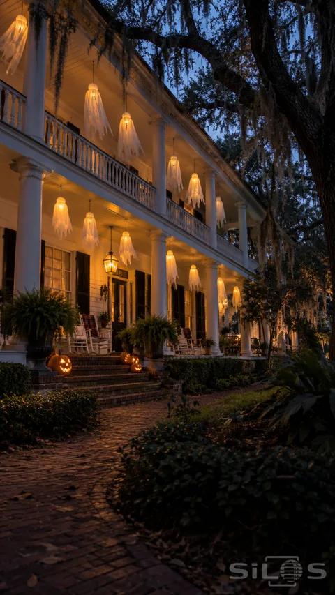 White cheesecloth ghost lanterns glow along a two-storey veranda with black shutters; rocking chairs; pumpkins and ferns at blue dusk.