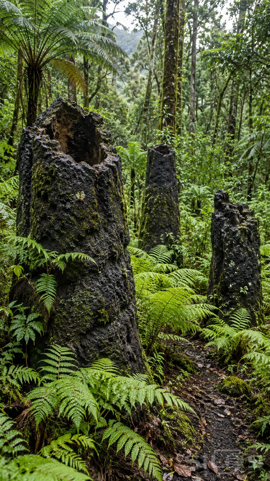 Rough lava tree molds stand among bright ferns and moss beneath a dense green forest canopy.