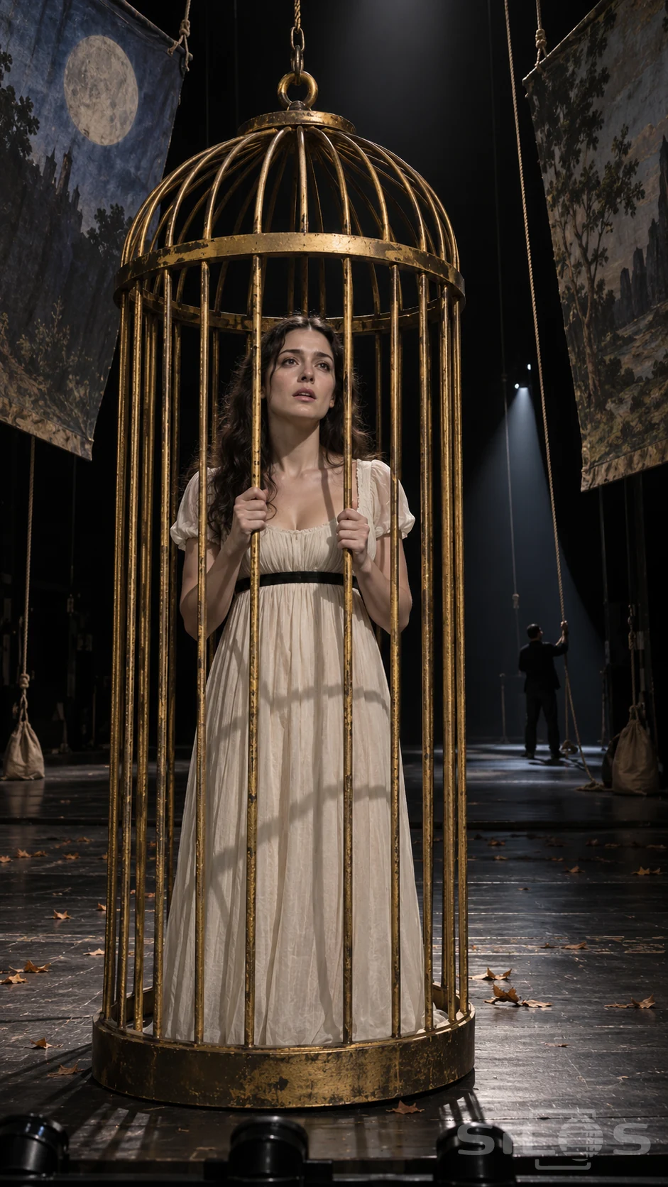 A woman in an ivory rehearsal gown grips a gilded prop cage while moon-painted scenery hangs above the stage and a stagehand holds a rope.