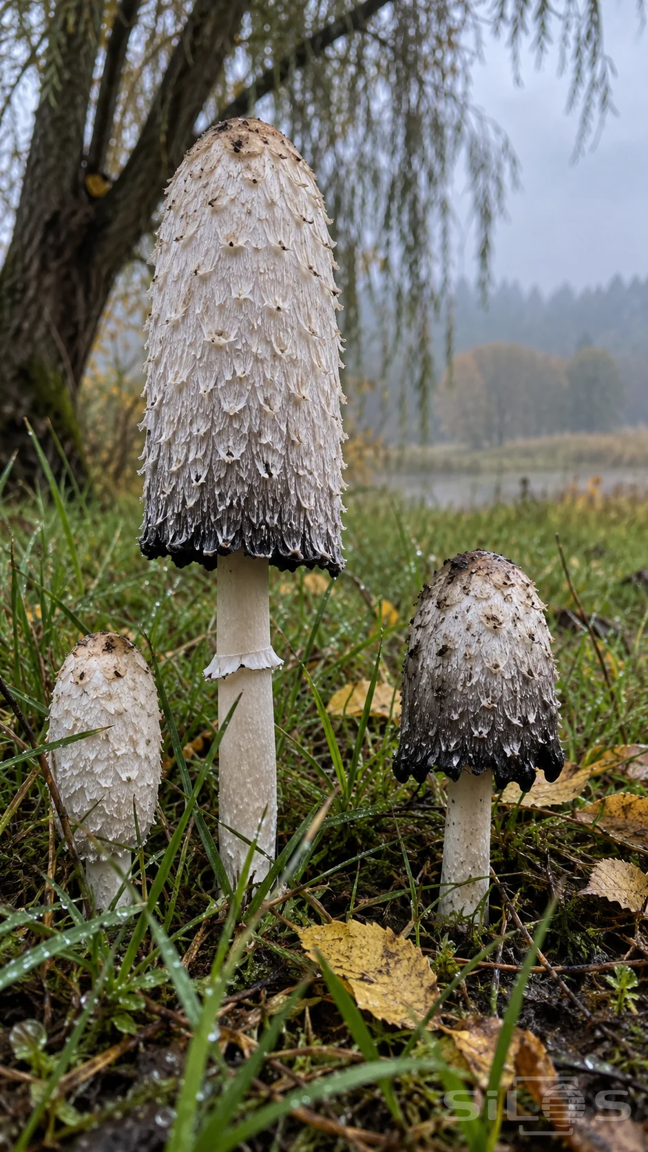 Three shaggy mane mushrooms with white fringed caps and black cap edges rise through wet grass and fallen yellow leaves.