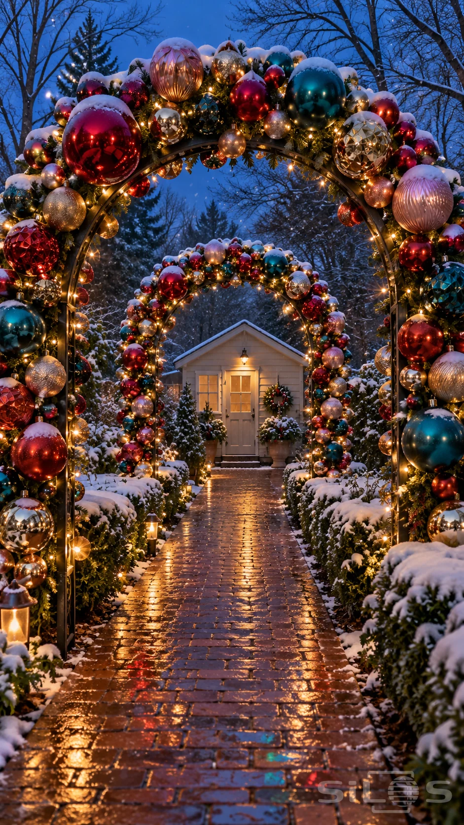 Bauble arches covered in jewel ornaments and snow frame a wet brick garden path leading toward a small illuminated shed at blue hour.