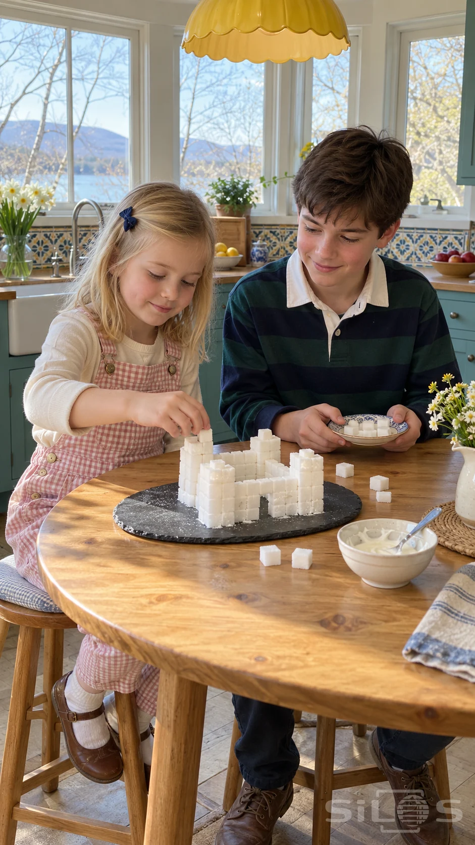 A girl adds a cube to a sugar cube castle while her older brother holds spare pieces beside a sunny kitchen window.