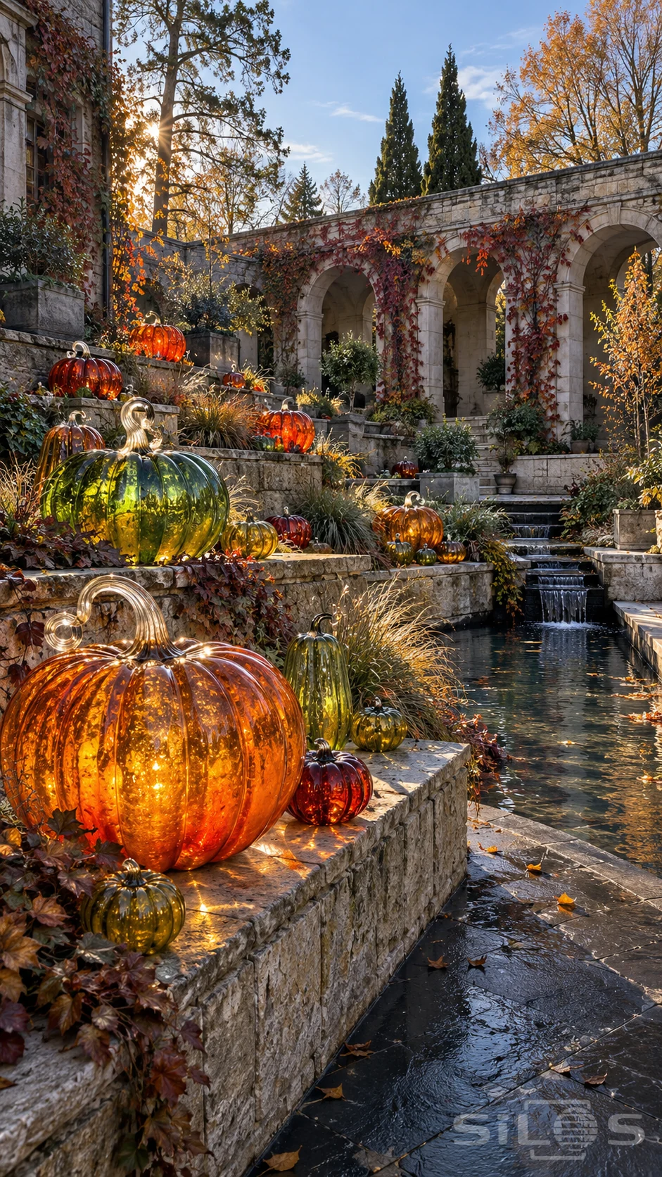Hand-blown glass pumpkins in amber and green sit on autumn garden terraces beside stone arches and flowing water.