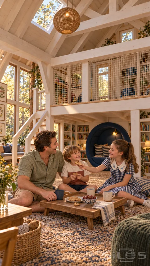 A girl shares a biscuit picnic with her father and brother around a low wooden tray beside a blue reading pod in a timber play loft.