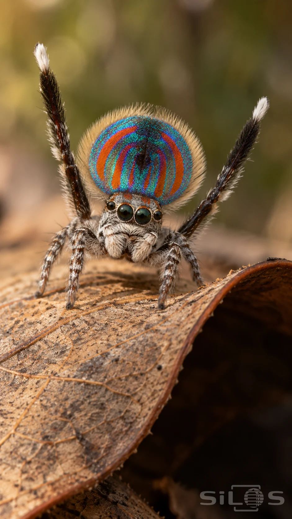 A tiny peacock spider raises an iridescent blue and orange abdominal fan and two white-tipped legs on a curled brown leaf.