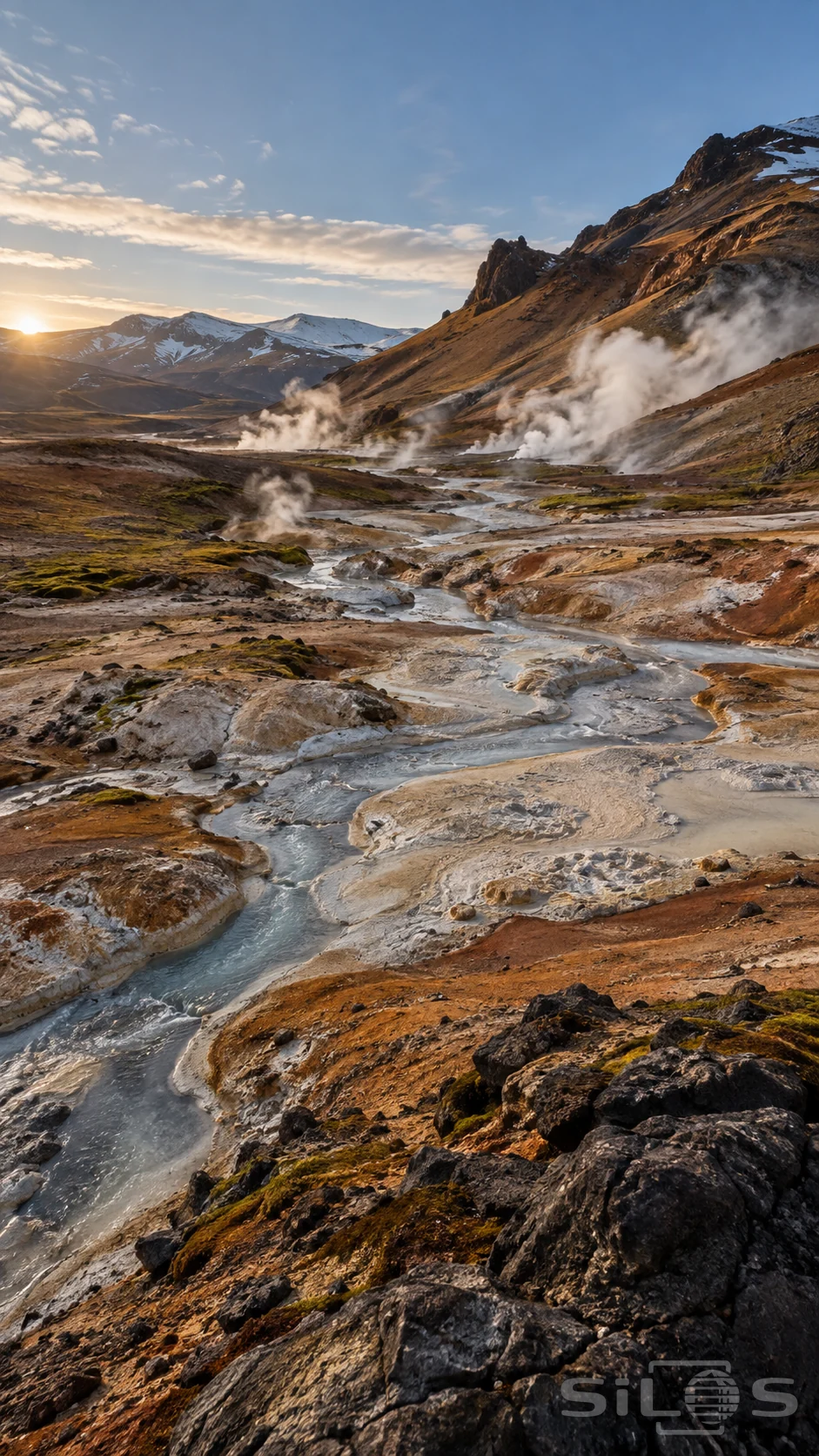 A gray-blue mineral stream winds between cream and orange banks with rising steam and dark volcanic hills beyond.